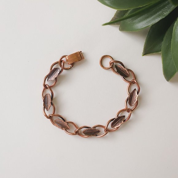 Vintage Copper Leaf Feather Southwest NativeStyle Boho Chain Link Bracelet - Picture 3 of 10